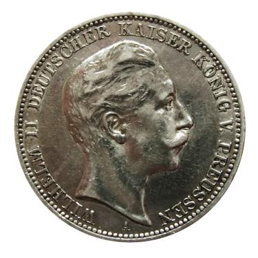 3 Mark Silbermnze Wilhelm II, Preussen 1905-1912 - J.103