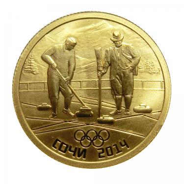 Goldmünze 50 Rubel Russland Olympia 2014 Sotchi - Curling in Holzbox mit Zertifikat