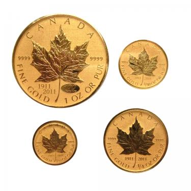 4 Goldmünzen Maple Leaf 2011 100 Jahre Jubiläums-Set 1911-2011, Feingewicht 57,53 gr