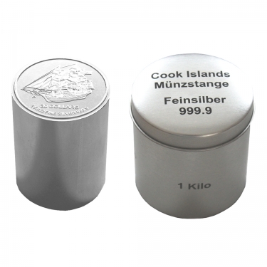 Silber-Münzstange mit Dose Cook Islands- 1 Kilo
