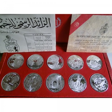 10 Silbermünzen 1 Dinar, Tunesien 1969 - Antike Persnl.und Gottheiten