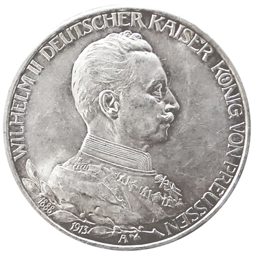 3 Mark Silbermünze Wilhelm II, Preussen, Uniform mit Lorbeer und Jahreszahlen 1913 - J.112