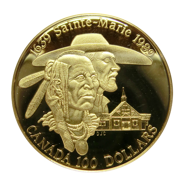 Goldmünze 1/4 Unze 100 Dollar Canada Sainte-Marie 1639-1989 polierte Platte mit Etui und Zertifikat