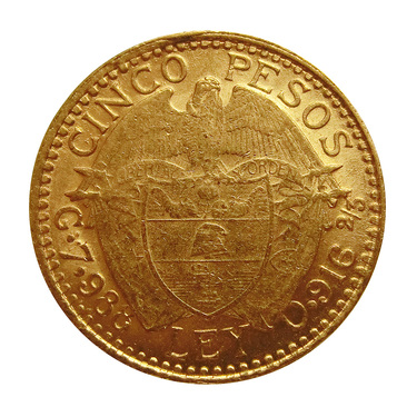 Goldmnze 5 Pesos Kolumbien Bergwerk 1919