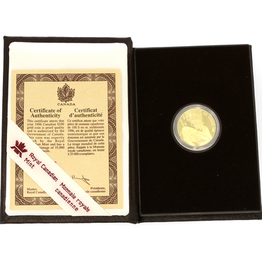 Goldmünze Canada 100 Dollar 100 Jahre Goldfund am Klondike 1996 PP