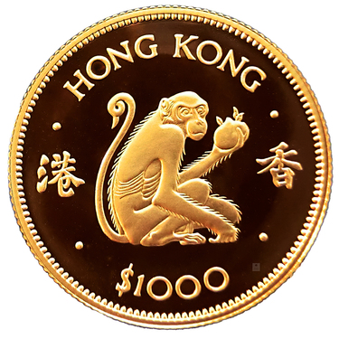 Hong Kong 1000 HKD Lunar Affe Goldmünze 1980 PP
