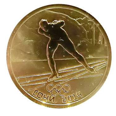 Goldmünze 50 Rubel Russland Olympia 2014 Sotchi - Historisches Schlittschuhlaufen in Holzbox mit Zertifikat