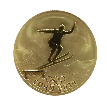 Goldmünze 50 Rubel Russland Olympia 2014 Sotchi - Historisches Skispringen in Holzbox mit Zertifikat