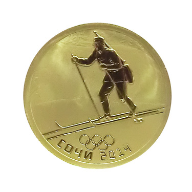 Goldmünze 50 Rubel Russland Olympia 2014 Sotchi - Historischer Biathlon in Holzbox mit Zertifikat