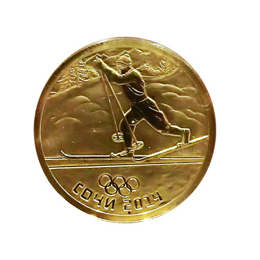 Goldmünze 50 Rubel Russland Olympia 2014 Sotchi - Historischer Skisport in Holzbox mit Zertifikat