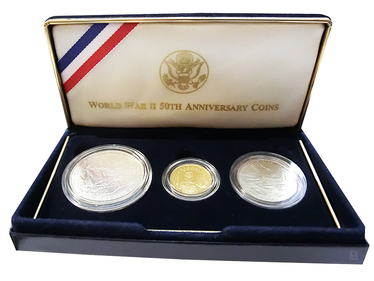 3er Münzen - Set Gold, Silber und Kupfer USA World War II 50th Anniversary 1991 - 1995 mit Etui und Zertifikat
