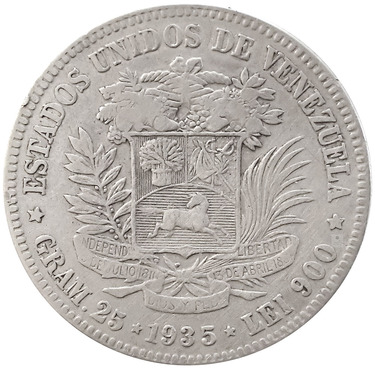 Silbermnze Venezuela, 5 Bolivar - Gram 25, 1900 - 1936