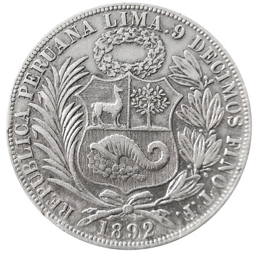Silbermnze Peru 1 Sol 1892 - 22,5 Gramm Feinsilber
