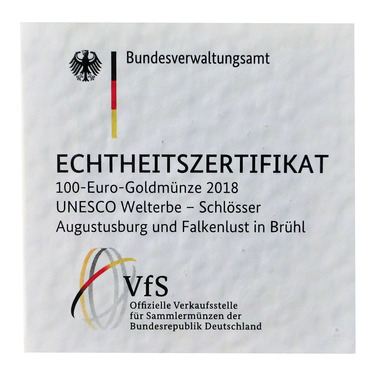 Zertifikat fr Schlsser Augustusburg und Falkenlust in Brhl 2018 - 1/2 Unze - 100