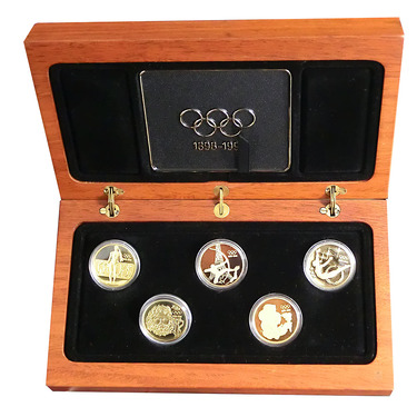 Münzsatz Olympische Spiele 1896-1996 PP - 5x 1/2 Unze im Etui mit COA