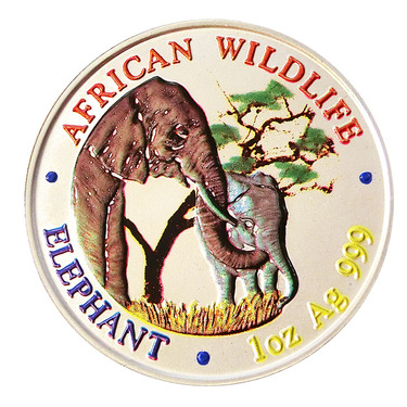 Silbermnze Sambia Elefant 2001 coloriert - 1 Unze 999 Feinsilber