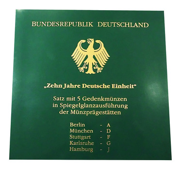 10 Mark Silbermünzen Blistersatz A - J, 2000 Deutsche Einheit - J.477 in PP