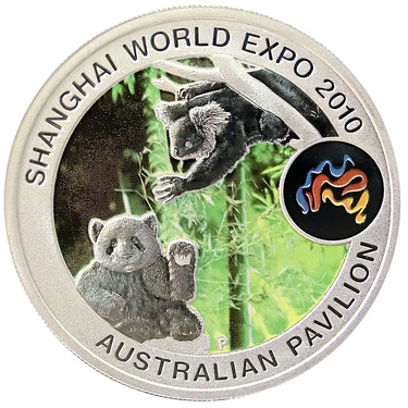 Silbermünze 2010 Shanghai World Expo Panda Koala coloriert - 1 Unze