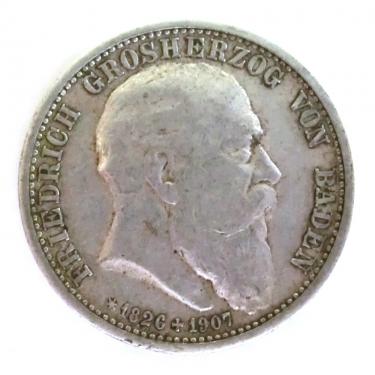 2 Mark Silbermünze Friedrich I, Baden, mit Lebensdaten 1907 - J.36