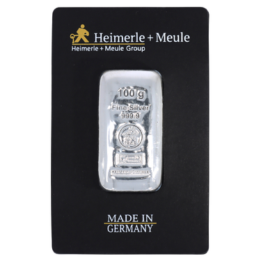 100 Gramm Silberbarren gegossen - Heimerle + Meule - 999,9 Feinsilber neu