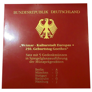 10 Mark Silbermünzen Blistersatz A - J, 1999 Goethe - Weimar - J.473 in PP