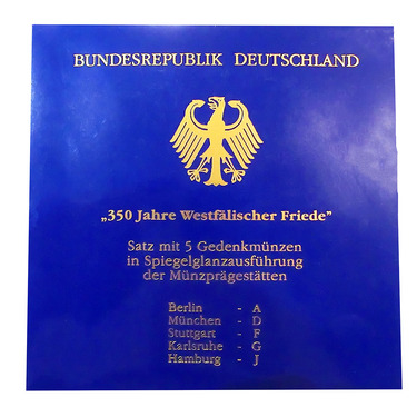 10 Mark Silbermünzen Blistersatz A - J, 1998 Westfälischer Friede - J.467 in PP