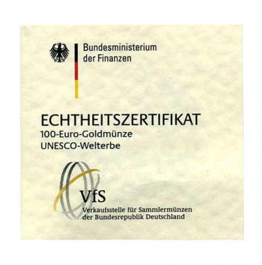 Zertifikat für die Goldmünze Kloster Lorsch 2014